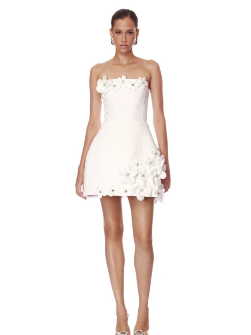 Bronx & Banco White Estelle Flower Applique Embellished Strapless Mini Dress